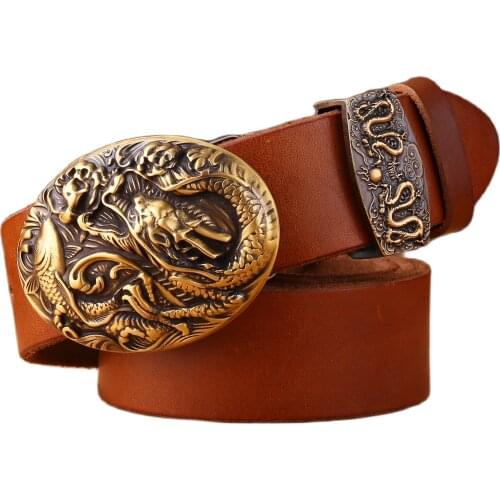 2020 new arrival Chinese stylish fish dragon mens belts luxury solid brass buckle full grain cowhide genuine leather strap camel