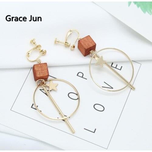 New Arrival Big Circle Square Shape Wood Clip on Earrings and Drop Pierced Earrings Cute Fashion Earrings Not Allergy Bijouterie