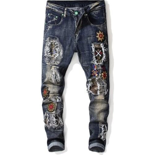 New Mens Slim-Fit Ripped Pants New Mens Painted Jeans Patch Beggar Pants Jumbo Size S-4XL