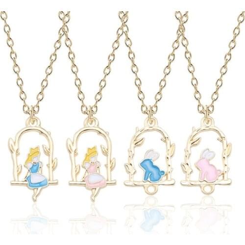 New Cartoon Anime Swing Girl Necklace for women Pink Blue Alice Girl Animal Bunny Pendant Necklace Jewelry Gift DropShipping