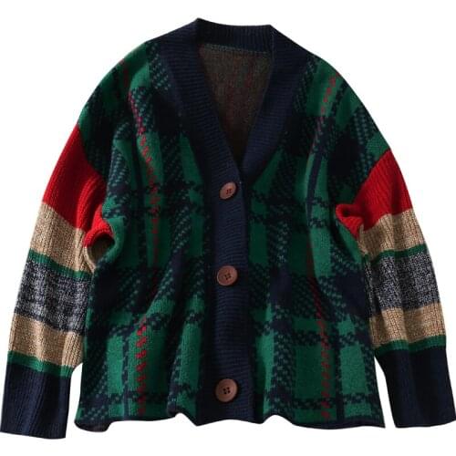 Autumn retro color matching plaid loose single-breasted knitted cardigan long-sleeved sweater women