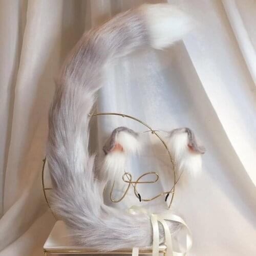 Scottish Fold Ears Tails Cat Kitty Wolf Fox Cosplay Lolita KC Headwear Gradient White Grey Synthetic Fur Long Thick Headband