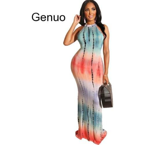 Off Shoulder Tie-dye Maxi Dress Sleeveless Patchwork Long Trumpet Dress Halter Neck Back Hollow Out Vintage Ball Gowns