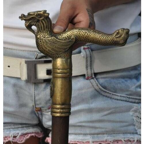Grandpa Good Lucky Old 37" Chinese brass brass dragon Longevity god Statue Crutches Walking stick cane