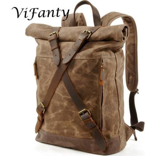 Vintage Waxed Canvas Leather Backpack Wax Canvas Rucksack Canvas Roll Bag Vintage Leather Rucksack