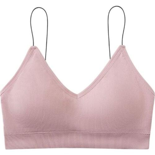 Women Girls Spaghetti Strap Bralette V-Neck Wireless Padded Ribbed Stripes Bra A0NF