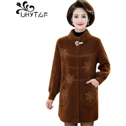 UHYTGF quality mink fleece autumn winter jacket women mid-length casual plus size coat single-breasted cashmere warm jacket 1279