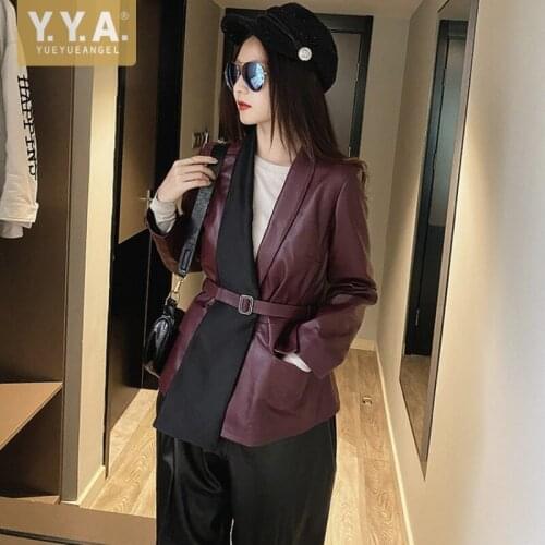 Designer Patchwork Office Ladies Sheepskin Genuine Leather Blazer Jacket Belted Slim Fit Womens Suits Top Business Outwear Coat