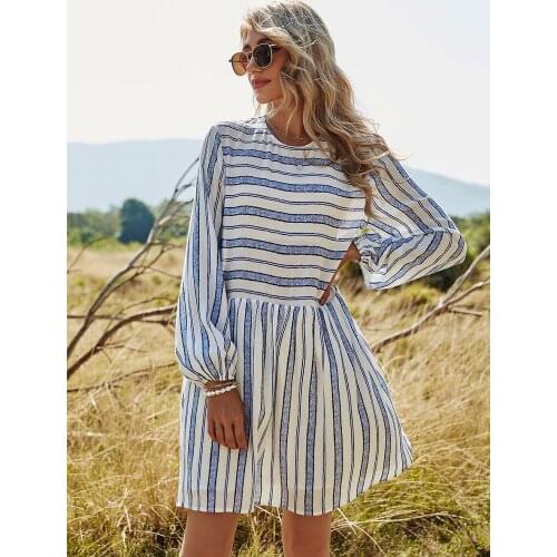 2021 Spring New Dress Round Collar bubble Sleeves Stripe Dresses Women Midi Elegant Office Lady Dinner Party Clothes