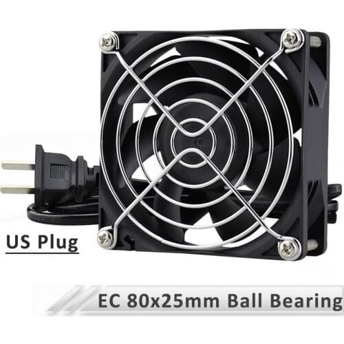 1PCS Gdstime AC 110V 120V 220V 240V 80mm EC Ball Bearing Cooling Fan 80x80x25mm 8cm 8025 2-Line With US Plug Axial Cooler Fan