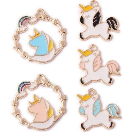 10pcs DIY Cartoon Alloy Enamel Unicorn Horse Charms For Women Jewelry Making Animal Pendant Accessories