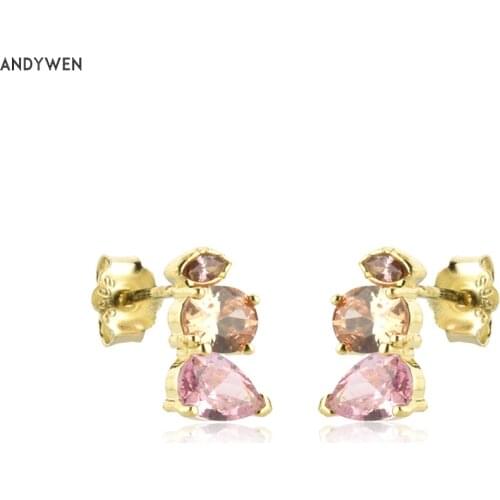 ANDYWEN 925 Sterling Silver 2021 Three Zircon Pink Champagne Piercing Stud Earring Women Rock Punk Wedding Jewelry Gift