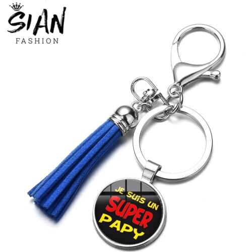 SIAN Charm Super Papy Mamie Tassel Keychain Je Suis Un Super Papy Printed Grandpa Grandma Glass Pendant Colorful Key Ring Chains