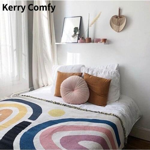 Throw Rainbow Blanket with Fringe Abstract Geometric Pattern Sofa Decorative Hanging Tapestry Rug Home Decor Blankets for Beds