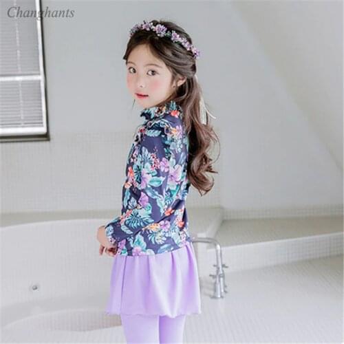 1-10 Y Children Rash Guard Girls Long Sleeve Surfing Wear Pink Purple Flowers Kids Two Pieces Swimwear Water Sport Suit