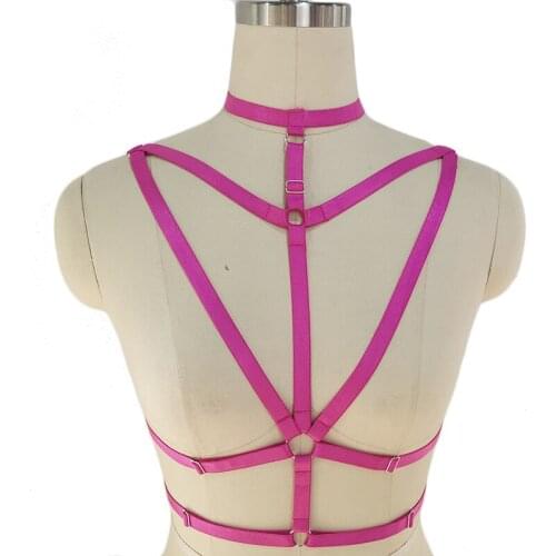 Hot Pink Women Sexy Lingerie Body Harness Choker Cage Bra Pole Dance Strappy Bralette Goth Elastic Adjustable Bandage Body Cage