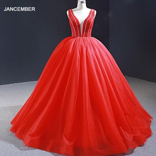 J66968 jancember red evening dresses china v neck sleeveless lace up floor length ball gown prom dress вечернее красное платье