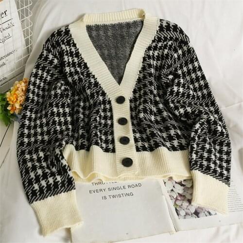 Autumn Casual Loose Houndstooth Vintage Sweater Cardigan Women V-neck Knited Cardigans Winter Korean Style Short Outwear Jumper