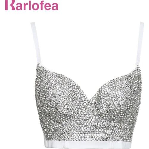 Karlofea Luxury Stage Wear Cropped Top Bra Glitter Rhinestone Diamonds Push Up Bustier Top Fashion New Club Party Celebrity Wear