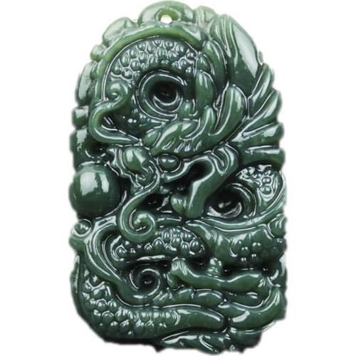 Beautiful Handwork Natural Dark Green HeTian Jade Carved Dragon Lucky Amulet Pendant + Free Necklace Certificate Fine Jewelry
