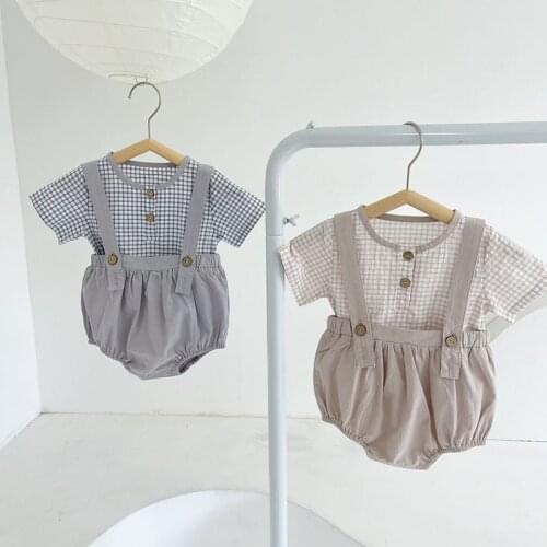 MILANCEL 2021 Summer Baby Set O-Neck Plaid T-shirt Solid Cotton Bloomer Simple Casual Infant2 Pcs Suit