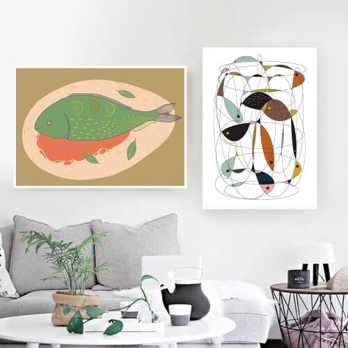 Minimalist Abstract Grilled Fish Wall Art Canvas Painting Nordic Posters and Prints Wall Pictures for Living Home Decoration