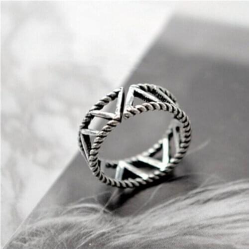 Fashion 2021 Trend Thai Silver Geometric Hollow Double Layer Opening Rings for Women All-matched INS Wide Rings Jewelry SR308
