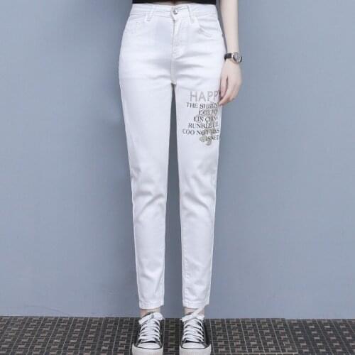 New Korea Trend Summer Sequins Letter Print White Jeans Women Hot Rhinestone Cotton Elastic Denim Harem Pants Clothing Pantalon
