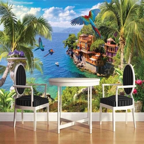 Custom Wallpaper 3D Coconut Tree Flower Flying Bird Seaside Landscape Photo Wall Murals Living Room Theme Hotel Background Wall