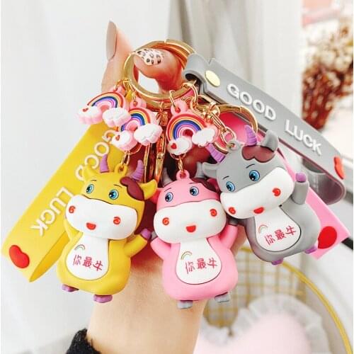 Lovely Cartoon Cow Calf Animal For Couples Keychain Key Chain For Women Rubber Trinkle Key Ring Chains Car Bag Charm D797
