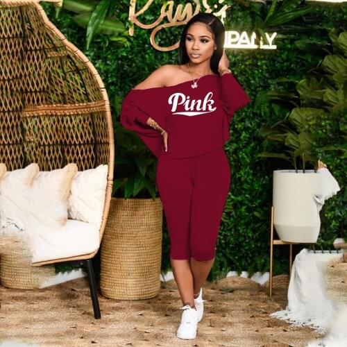 RMSFE 2021 Womens Long Sleeve Slant Collar Fashion Leisure Printing Sportsmanship Two Piece Set