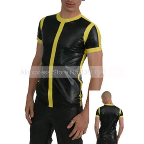 Sex Latex Man Top T-shirt Round Collar Black and Yellow Strips Rubber Tee Shirt Handmade Plus Size Custom Made S-LSM068