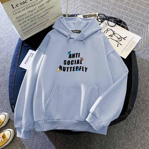 Blue Hoodie Korean Streetwear Sweatshirt Aestetic Butterfly Graphic and Letter Printing Oversized Pullover Sweatshirt Women Men