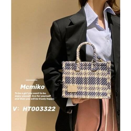 Tote bag 2021 new trendy retro plaid cotton and linen one-shoulder messenger bag pearl chain portable canvas bag
