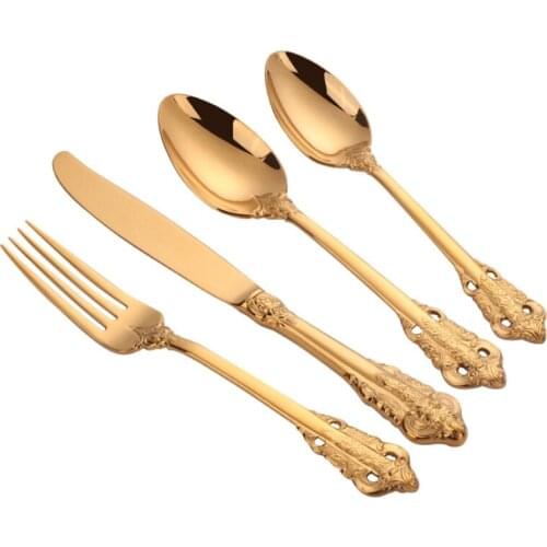 Vintage Western style Gold silver Plated Cutlery Dining Knives Forks Teaspoons Set Golden Luxury Dinnerware Tableware Spoon