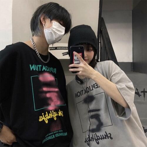 Hip-Hop Fuzzy Shadow Couple Clothes Punk Unisex Harajuku Kpop Female t-Shirts Korean Alt Dark Emo Grunge Clothes For Teenagers