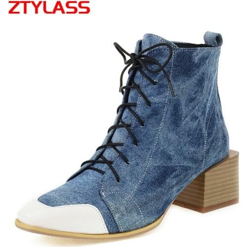 Fashion Denim Women Boots Spring Autumn Chunky Heel Ankle Boots Lace Up Martin Boots Woman Shoes Big Size 34-46