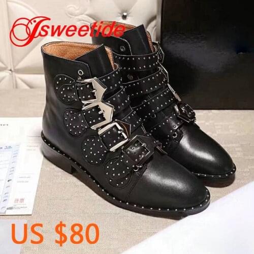 Hot sale rivet metal Leather buckle short boot for women new genuine leather slip on chunky flats boots Autumn Brand womens boo