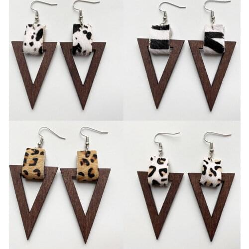 Animal Print Genuine Leather Wrap Point Wood Triangle Drop Earrings for Women Fashion Geometric Jewelry Wholesale
