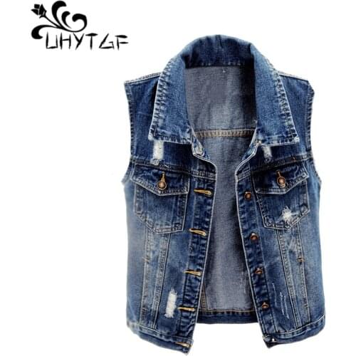 UHYTGF Women spring denim vest fashion sleeveless casual short vests jacket Korean loose 5XL plus size waistcoat gilet femme1592