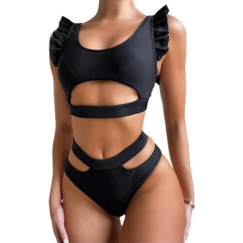 Women Two-piece Swimsuit Bikini + Briefs Ruffle Solid Color Sexy Hollow Summer Clothing