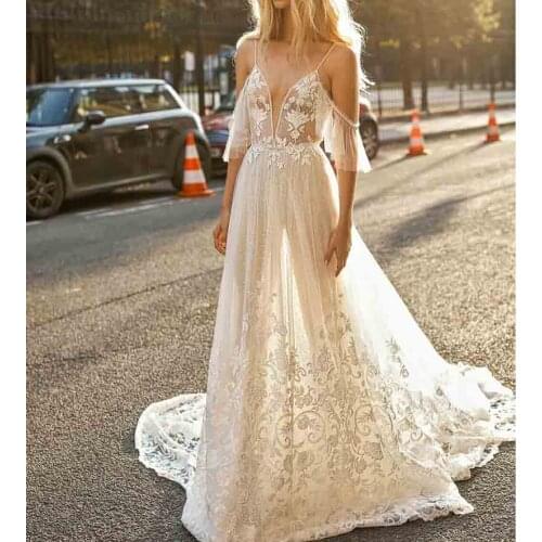 SSYFashion New Romantic White Lace Evening Dress Sexy V-neck Backless Sequins Beading Long Beach Formal Gown Vestidos De Noche