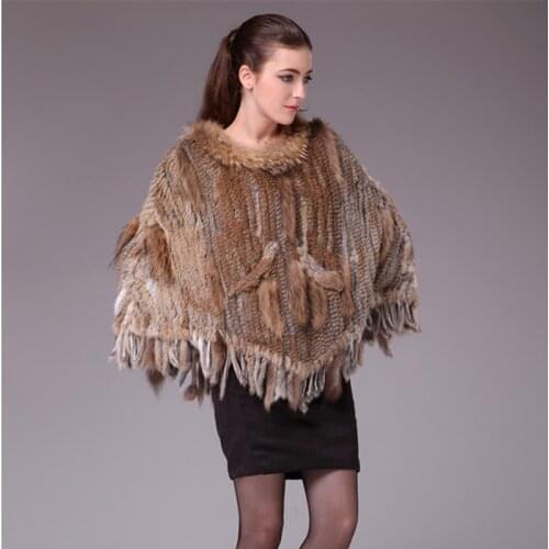 Autumn Winter Womens Genuine Real Knitted Rabbit Fur Poncho with Tassels Lady Pashmina Cloak Shawls Female Wrap VF0569