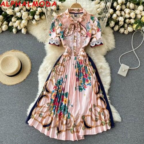 ALPHALMODA 2021 Summer Exotic Crochet High-grade Dress Round Bow Neck Short Sleeve Slim Pleated Knee Length Printed Dress M-2XL