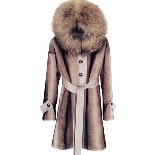 Winter Women Coats Single Brested Long Oversize Wool Coat with Belt Imitation Mink Fur Jacket Real Raccoon Fur Hooded Outerwear