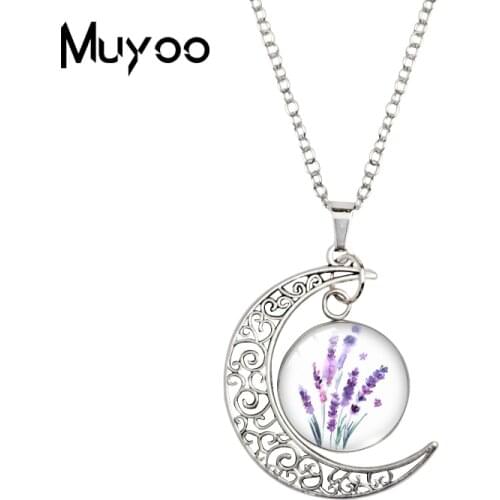 2021 New Lavender Flowers Moon Necklace Pendant Art Painting Glass Cabochon Pendants Jewelry Art Printed Link Chain