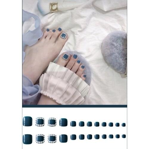 24pcs Azure Artificial Pearl False Toenails Plastic French Nail Tip Nail Art Ocean Summer Cool Foot Nail Extension Beauty