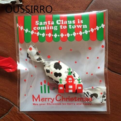 50PCS/Lot Christmas Red Green House Gift Bags Candy Cookies Packaging Bag Self-adhesive Plastic Bags For Cake Biscuit Package