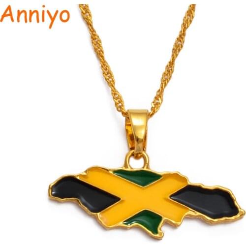 Anniyo Jamaica Map and National Flag Pendant Necklaces Gold Color Jewelry Jamaican Gifts Maps #080406