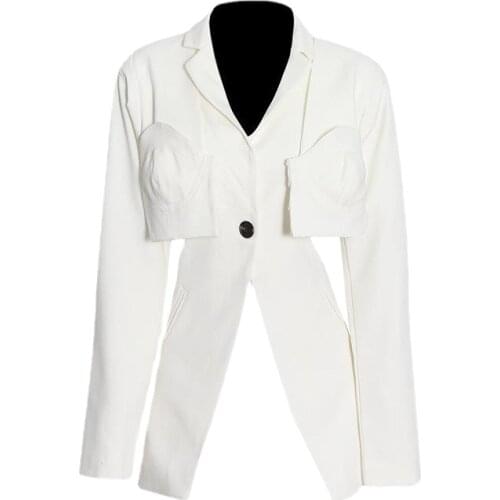 Asymmetry White Short Blazers for Women Elegant Jackets Hollow Out Vintage Loose Suit Coats 2021 New Blazer Suits Womens